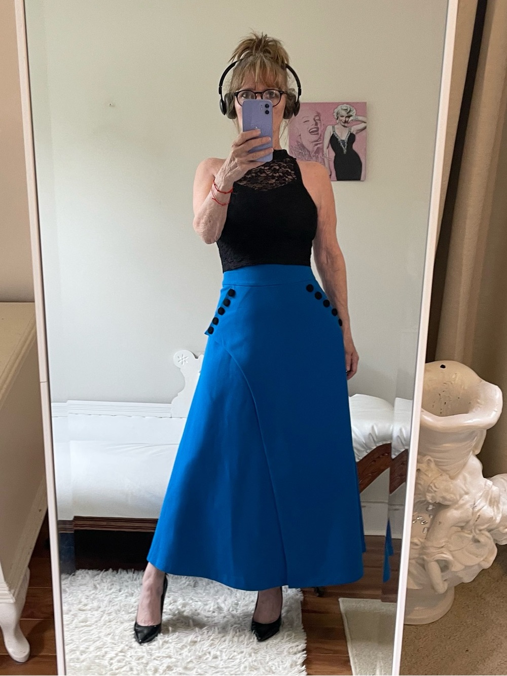 MARY CRAFTS BLUE MAXI SKIRT ZIPPER BLACK BUTTONS FAUX POCKETS HIGH WAIST